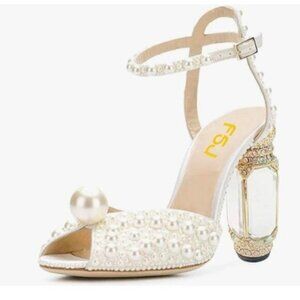 FSJ White Pearl Open Toe Sandal Ankle Strap Crystal Heel Wedding Party Prom Shoe